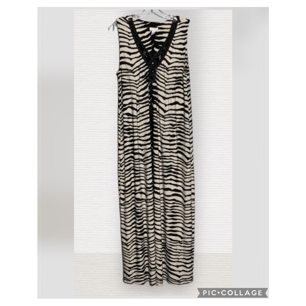 Chico’s Brown & Cream Zebra Sleeveless V Neck Bejeweled Maxi Stretchy Dress L